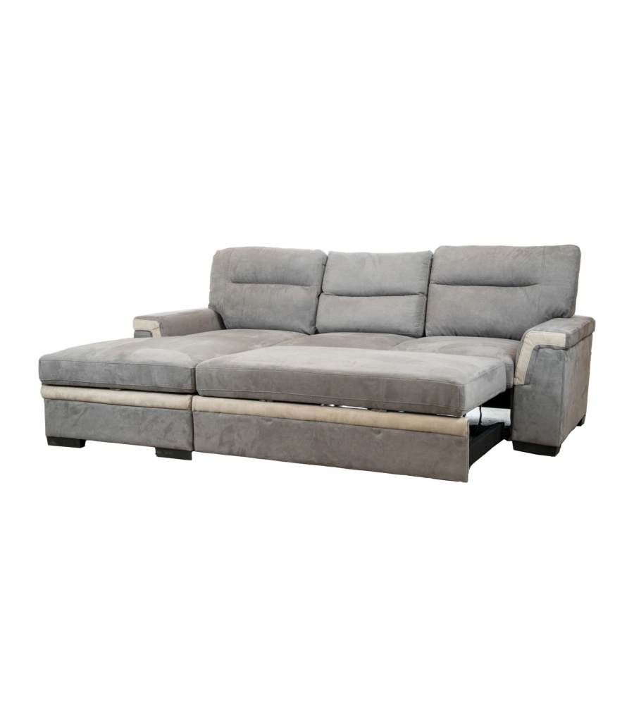 DIVANO LETTO ANGOLARE "ERIKA" IN TESSUTO GRIGIO CON PENISOLA A SINISTRA, 254X92/165X102 CM